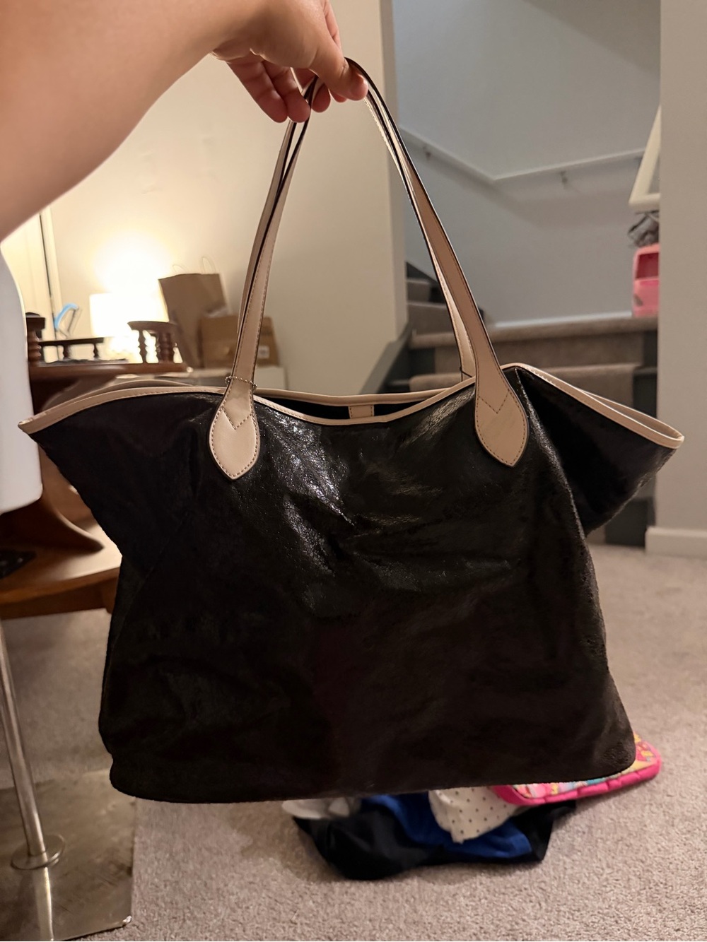 Sorial Black Tote with Cream Handles and Trim